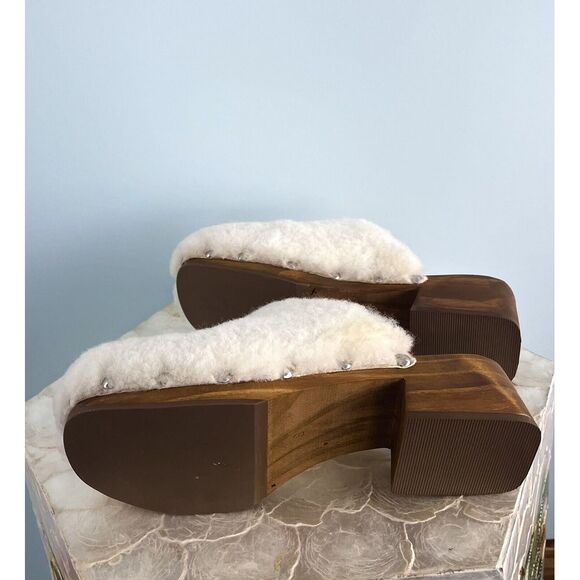 Matisse Cream Fuzzy Mules with Wooden Heel - Picture 7 of 7